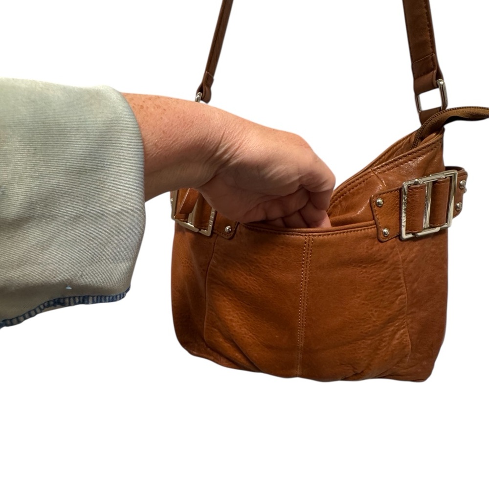 Perlina NY Brown Leather Hobo Bag, SUPER Soft Slouch Shoulder W/Buckle Accent - Picture 7 of 14